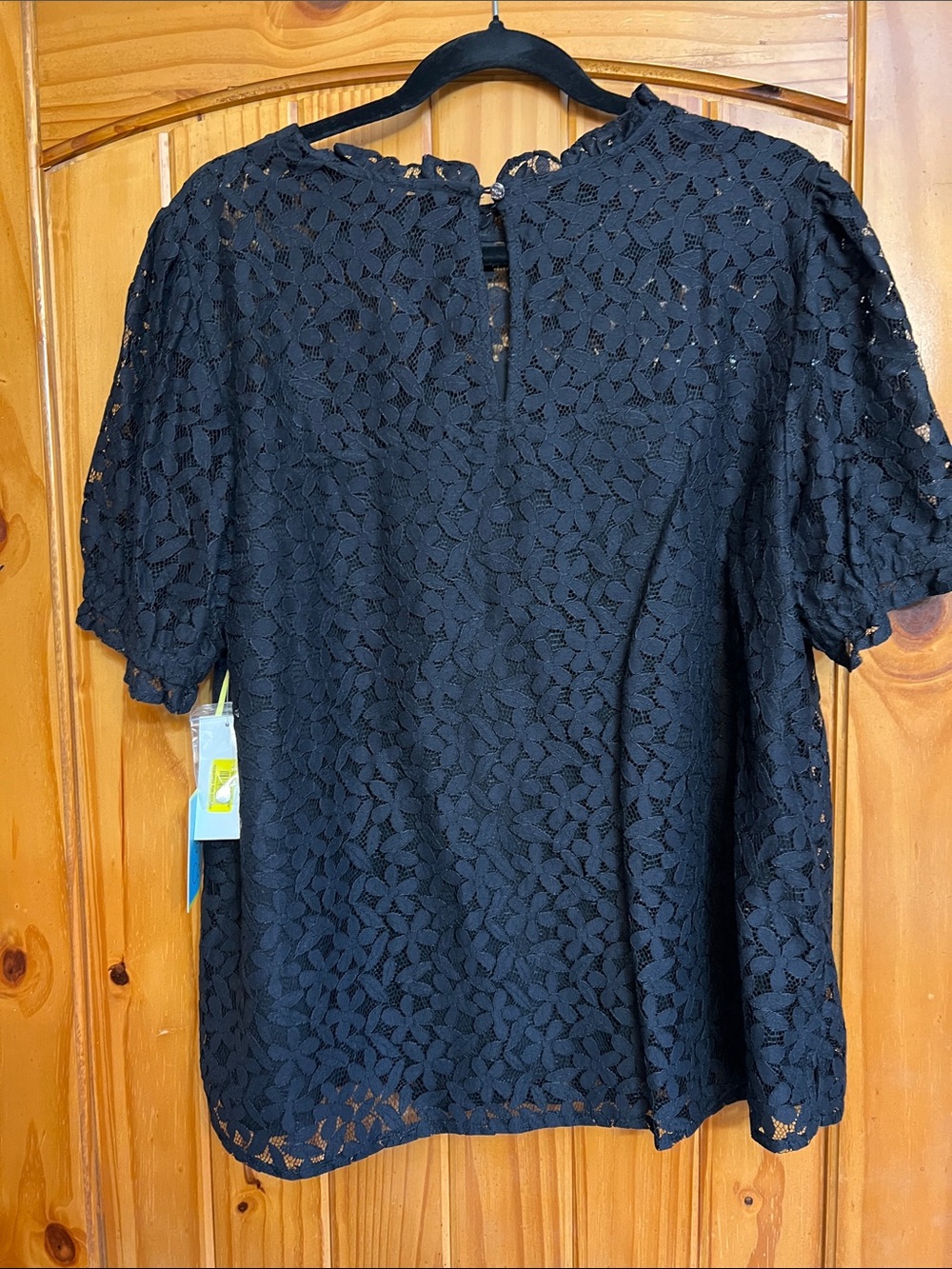 CeCe Black Floral Lace Short Sleeve Top - Picture 2 of 5